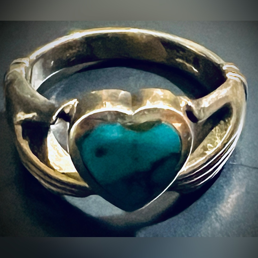 Vintage 925 Sterling Turquoise Fede Claddagh Ring Sz 6 - Picture 7 of 7